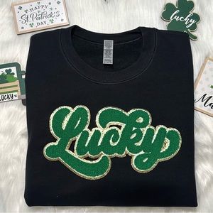 Plus Size Lucky Cursive Chenille Patch Crewneck